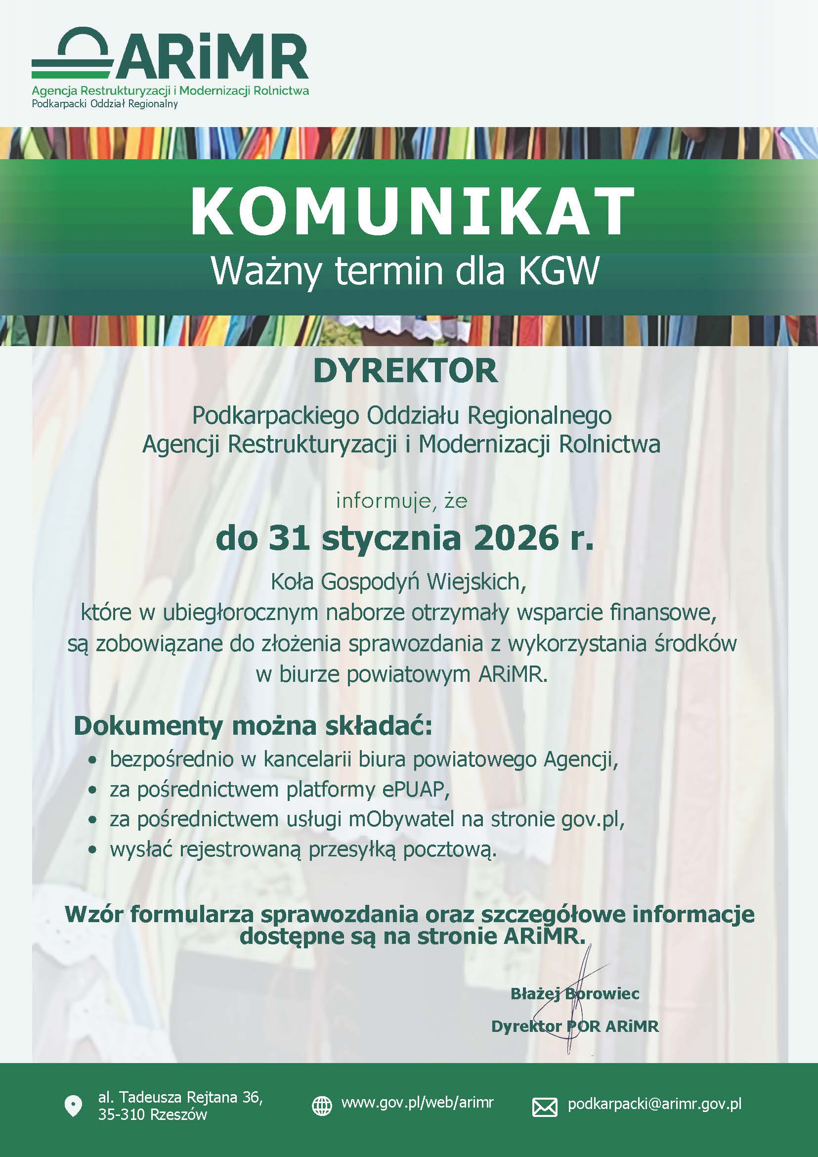 1 Plakat KGW komunikat składanie sprawozadań