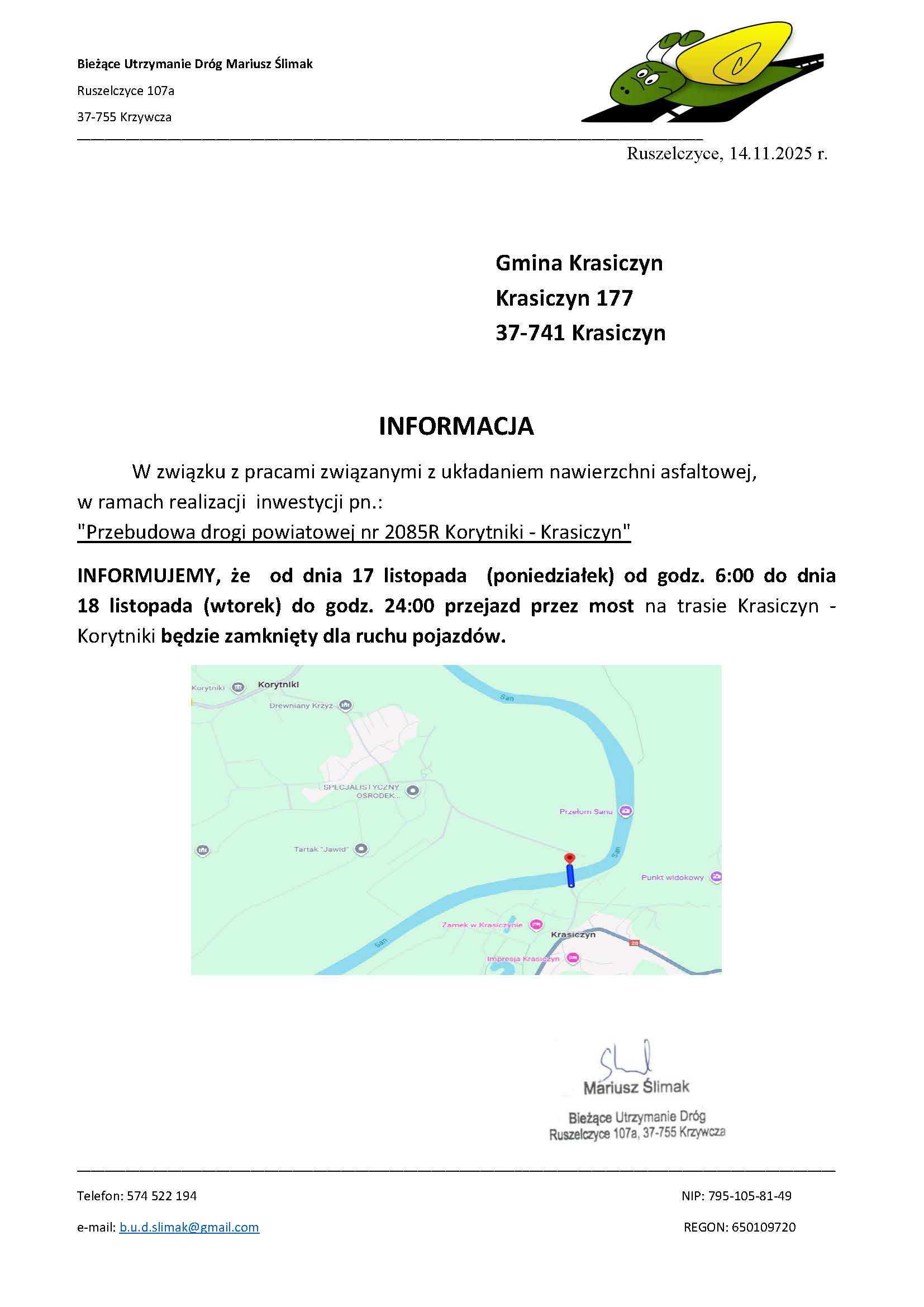 INFORMACJA o Utrudnieniach Gmina Krasiczyn