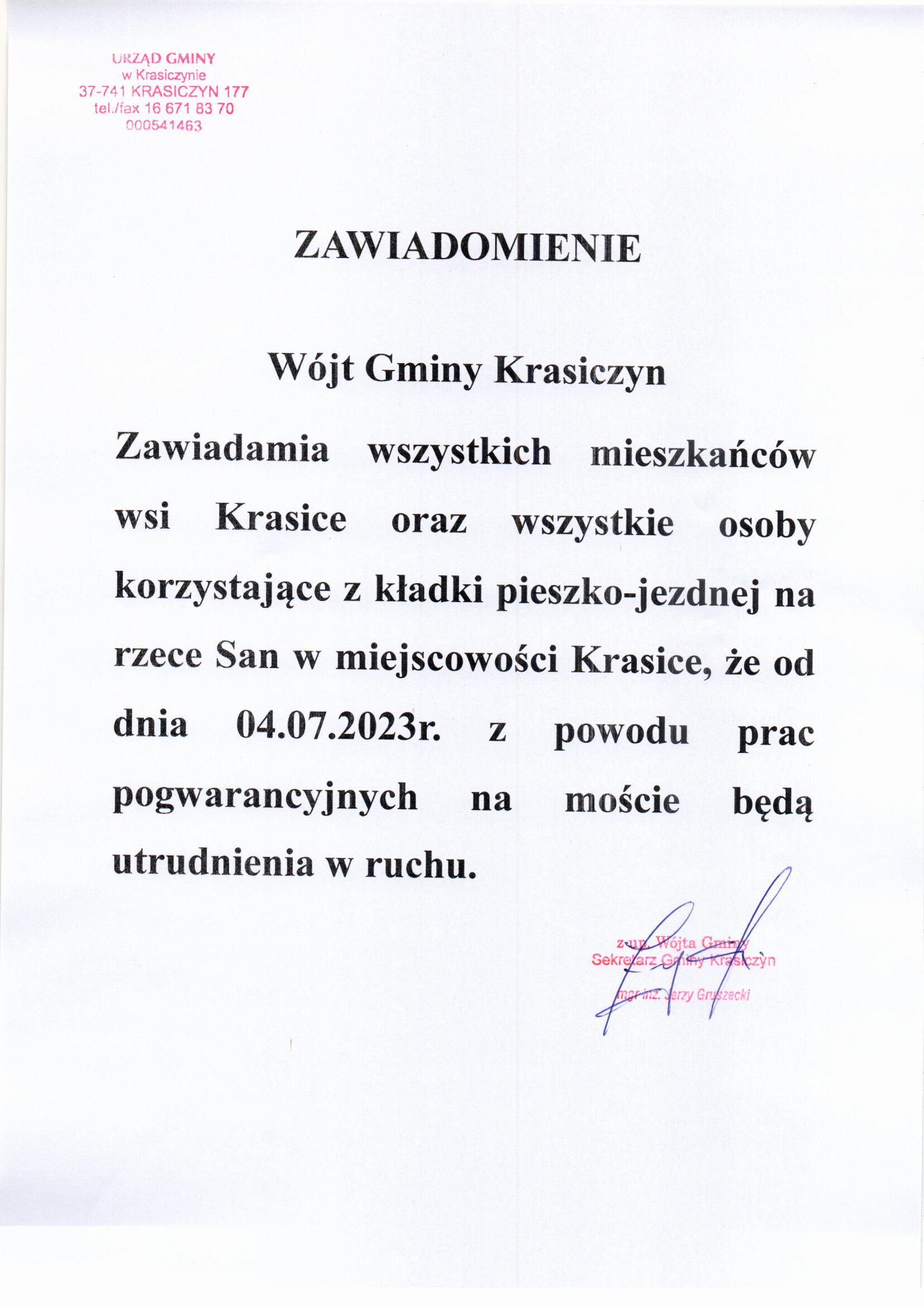 Informacja most Krasice