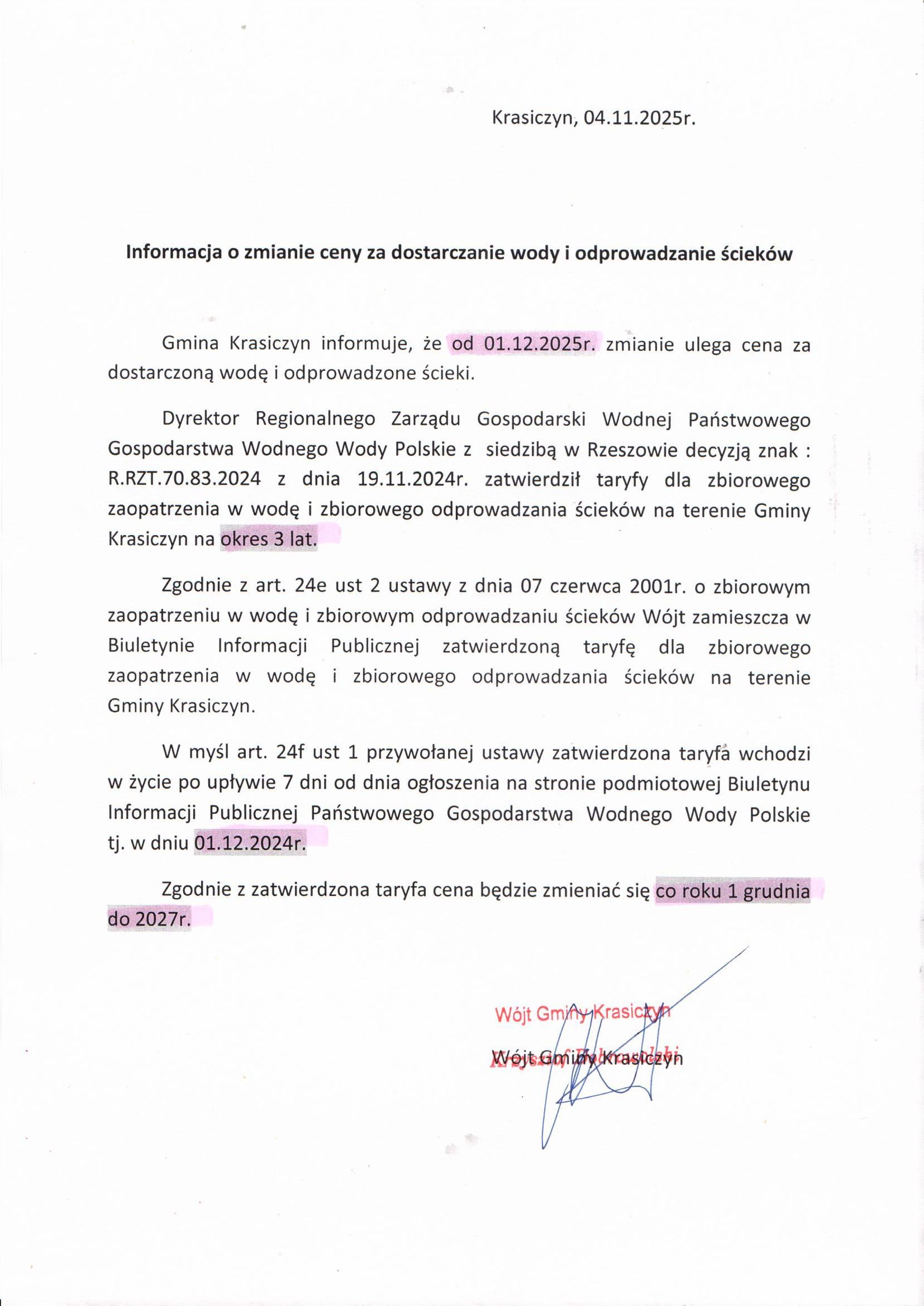 Informacja zmiana cen