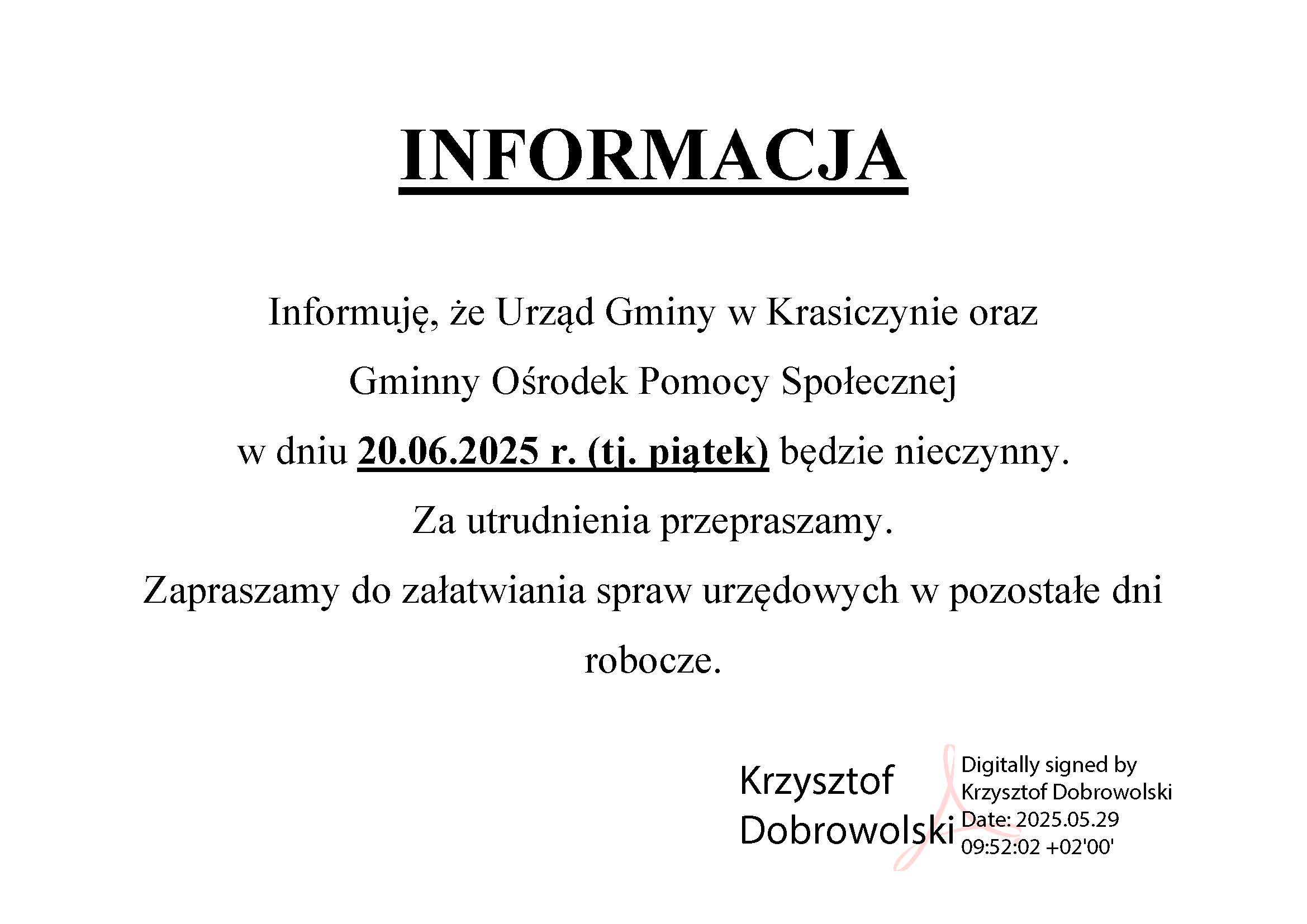 Informacja o zamknięciu urzędu