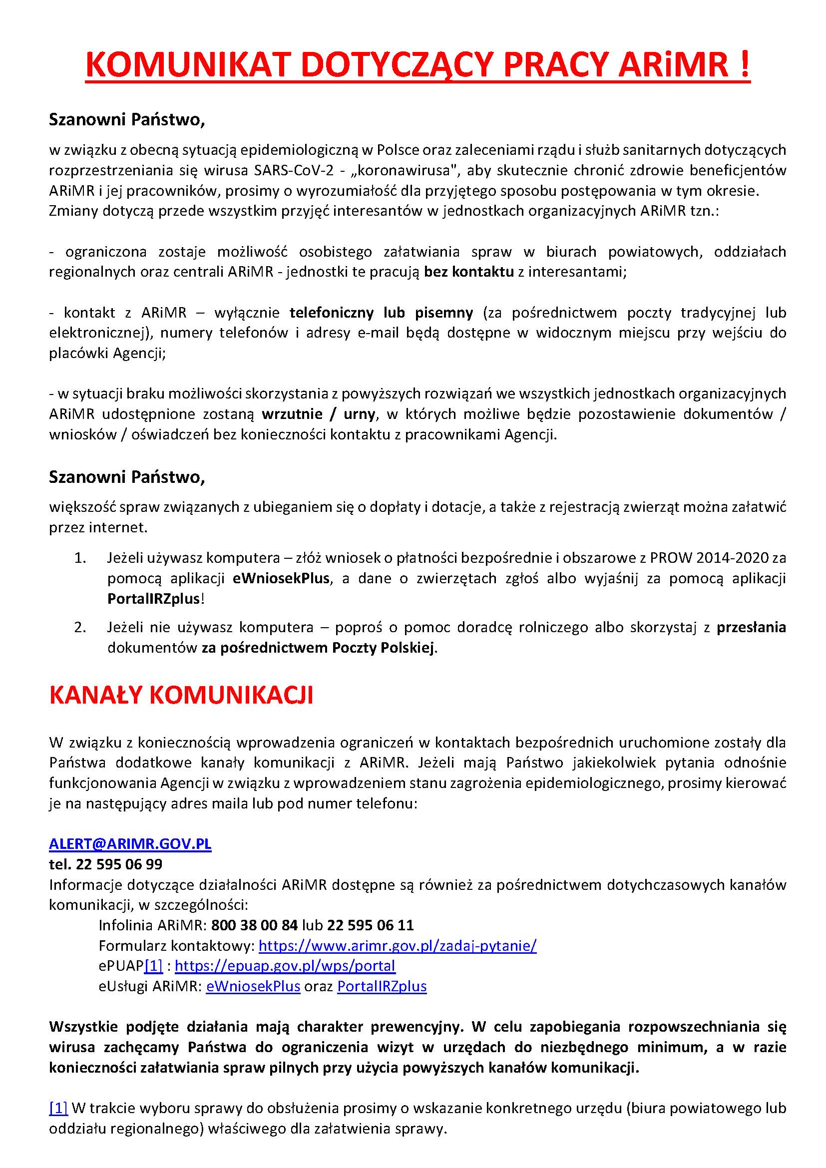 KOMUNIKAT DOTYCZĄCY PRACY ARiMR