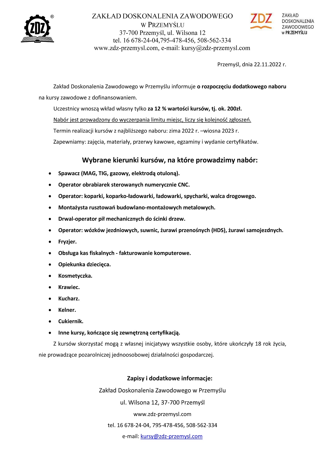 Pismo informacyjne ZDZ w Przemyślu